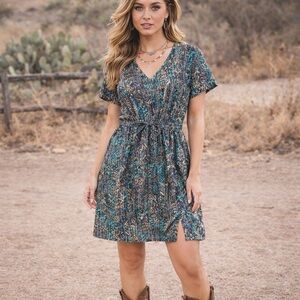 Southwestern Boho Dress XS V-Neck Drawstring Waist Slit Casual Active